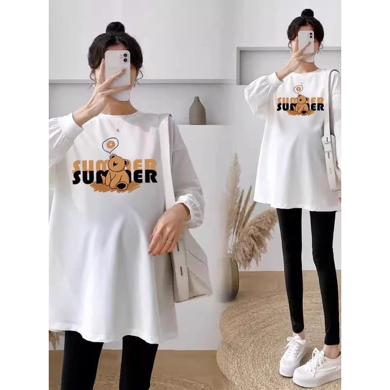 Maternidade primavera outono terno moda puro algodão camiseta novo estilo solto mais magro olhar de manga comprida topo 