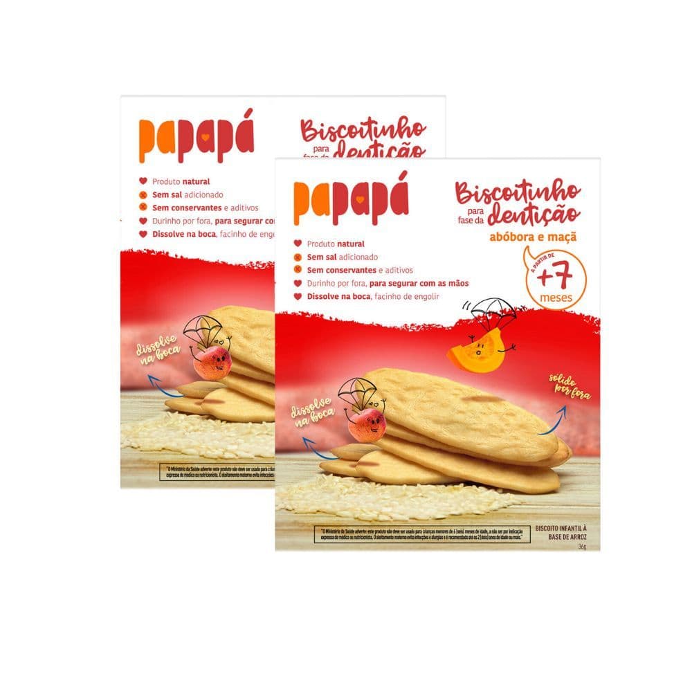 Kit 2 Biscoitinho para Fase da Dentição a Base de Arroz Papapá 7+ Meses Abóbora e Maçã sem Glúten 36g