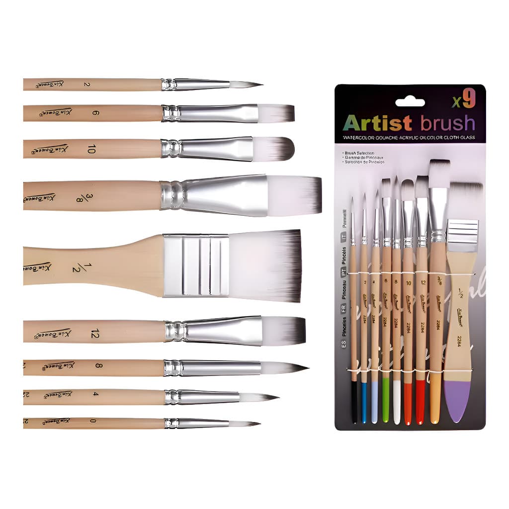 Kit De Pincéis Artísticos  9 Unidades Com Cerdas Variadas Branco