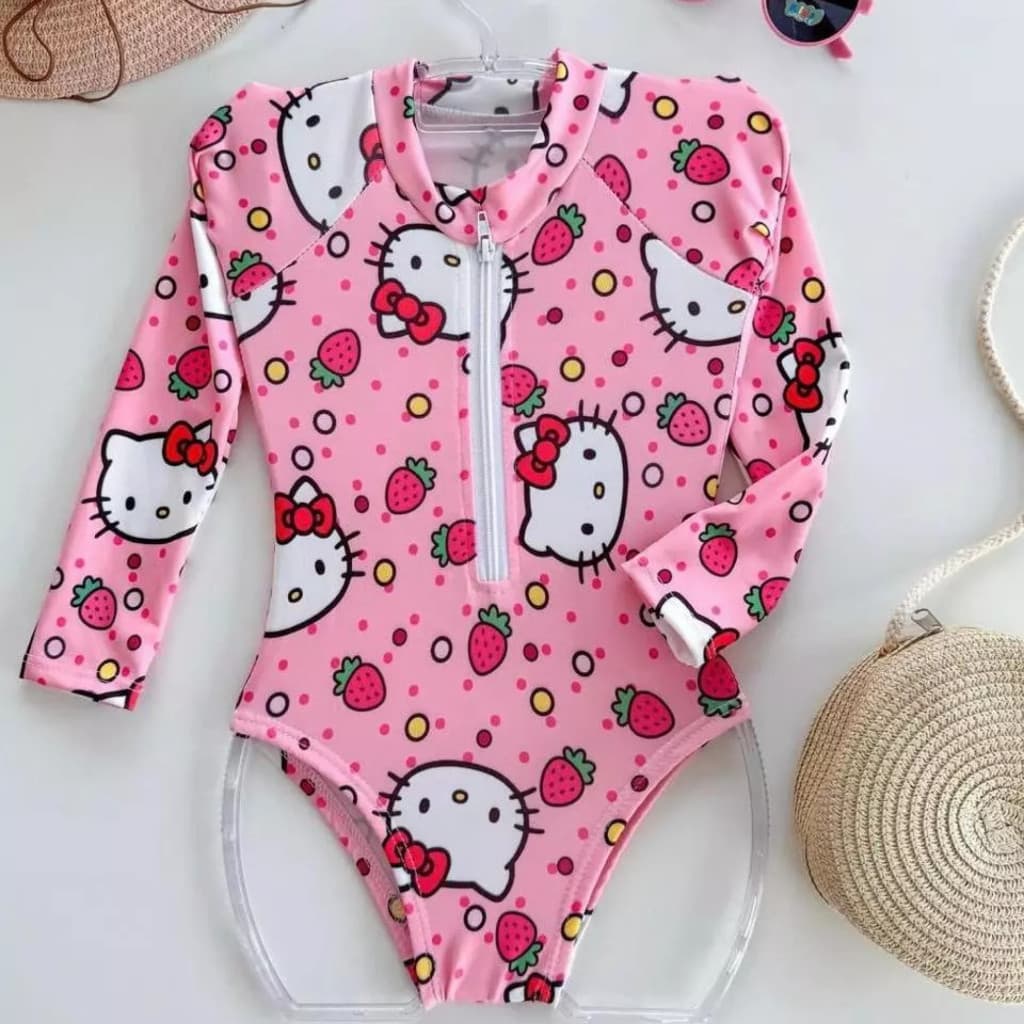 Maiô Infantil Com Ziper Personagens Hello Kitty Para Meninas Com Proteção UV Moda Verão Praia Carnaval
