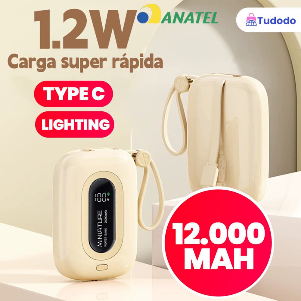Carrega super rápido power bank de 12.000 mAh com USB universal‌, compacto, portátil e com exibidor numérico.