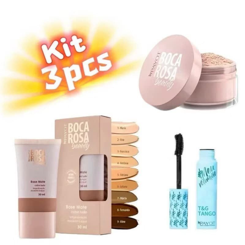 KIT 3 Pcs Base Boca Rosa + Pó Solto Mármore E Mascara Promoção