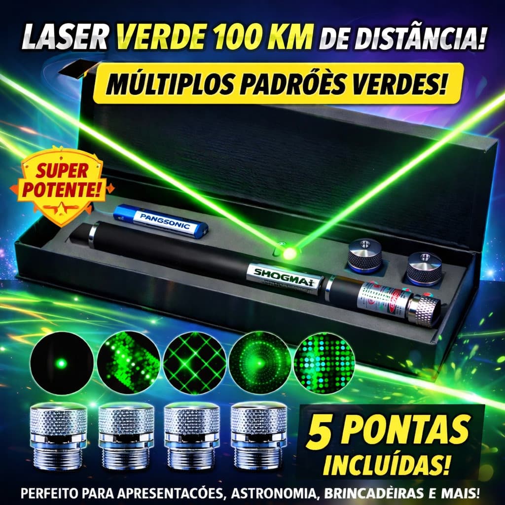Laser Verde 100km Ultra Forte Caneta Com 5 Pontas Verde