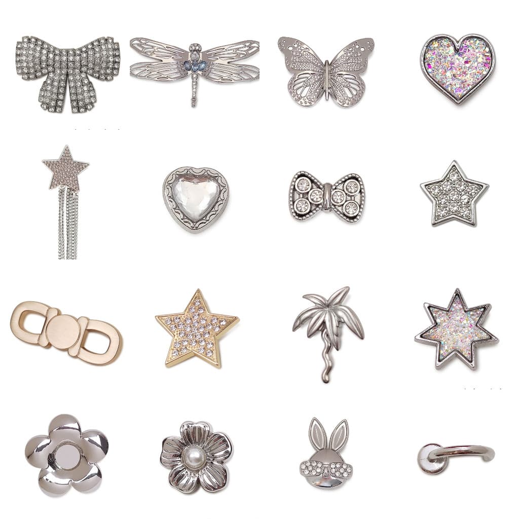 100 # Miss Zoe Jibtz Bolsas Com Buracos De metal Prateado Acessórios Chinelos De Borboleta De Decoração