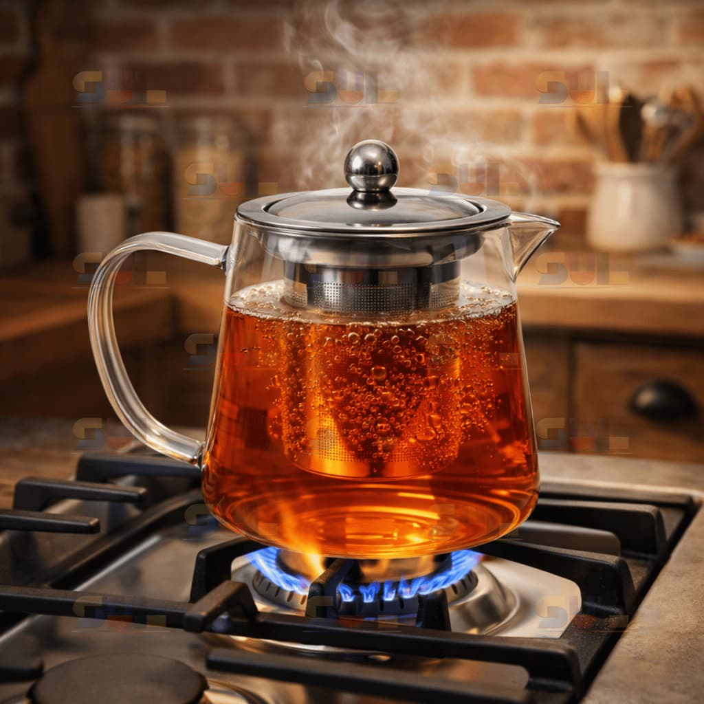 Chaleira de Vidro Borossilicato RETA com Infusor e Tampa em Aço Inox Vai ao Fogo Café