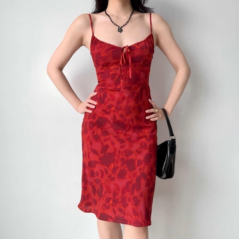 2026 início da primavera europeu americano francês Retro vermelho impresso estilingue vestido de comprimento médio vesti