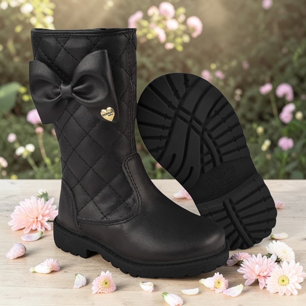 Bota para Menina Confortável Infantil Matelassê Cano Longo Laço Latera