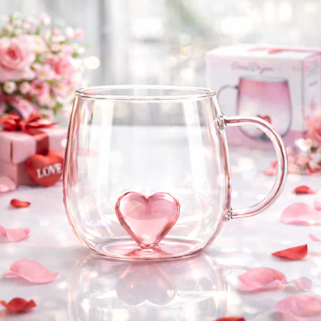 Caneca Coração 400ml Vidro Borossilicato Premium – Presente Romântico Dia das Mães / Namorados