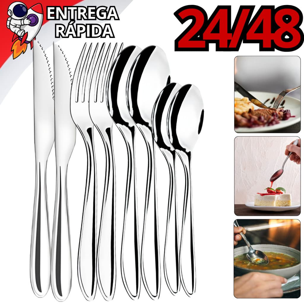 Jogo de Talheres 12/24/48 Peças em Aço Inox para Refeições e Sobremesas