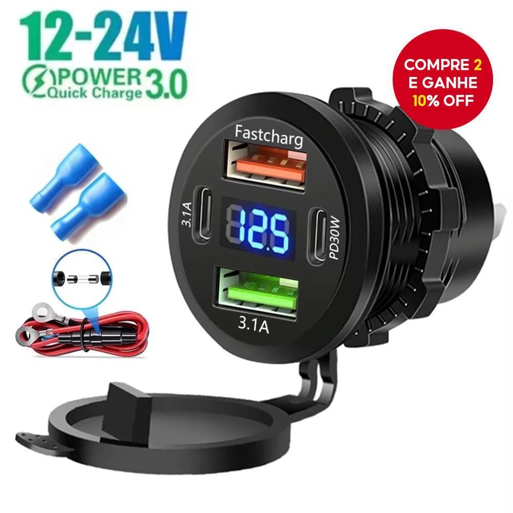  Tomada de Carregador para Carro com Dupla Entrada Tipo-C e Duplas USB, 4 Portas, Carregamento Rápido, à Prova d'Água