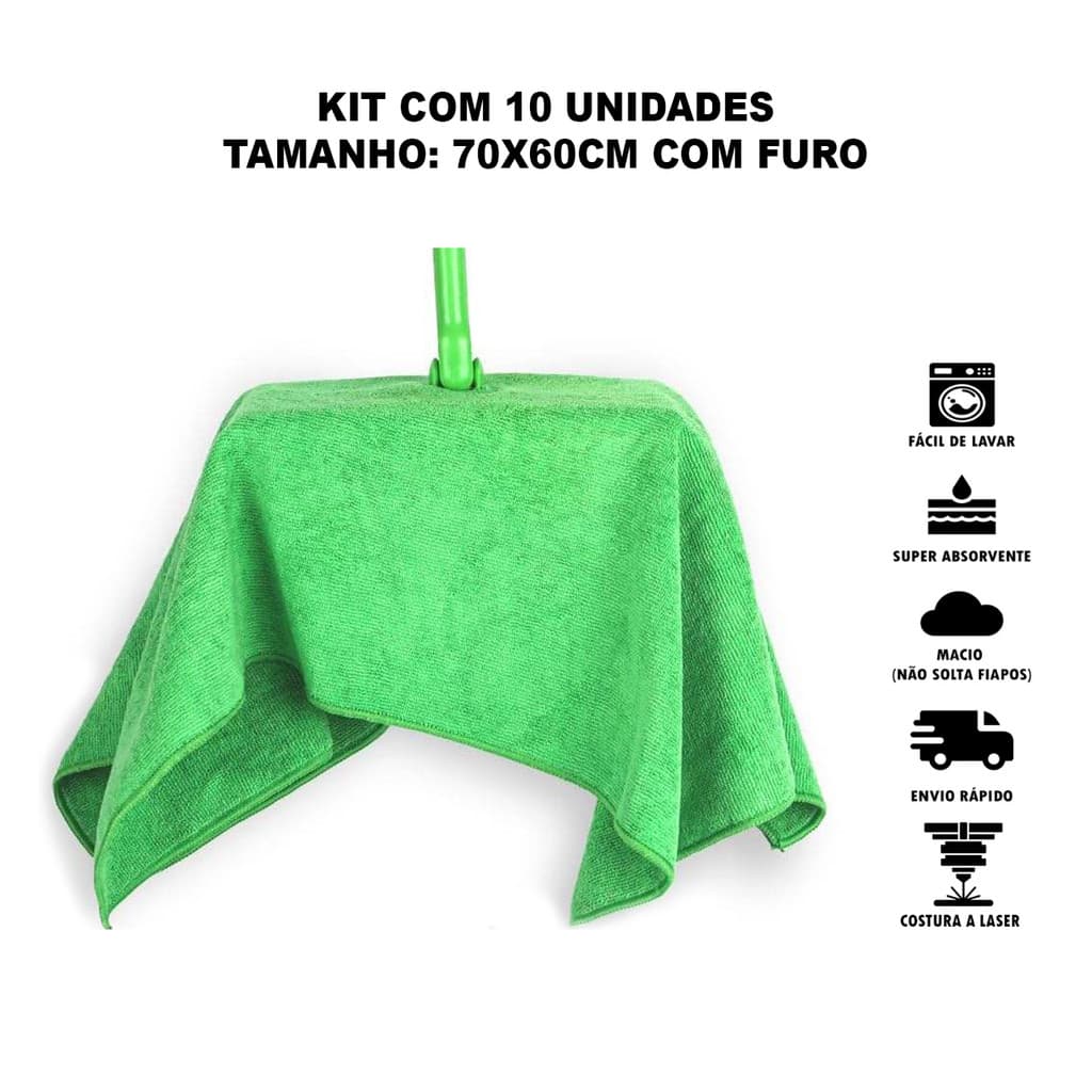Kit 10 Panos de Chão Microfibra 70x60cm Furo para Rodo Limpeza
