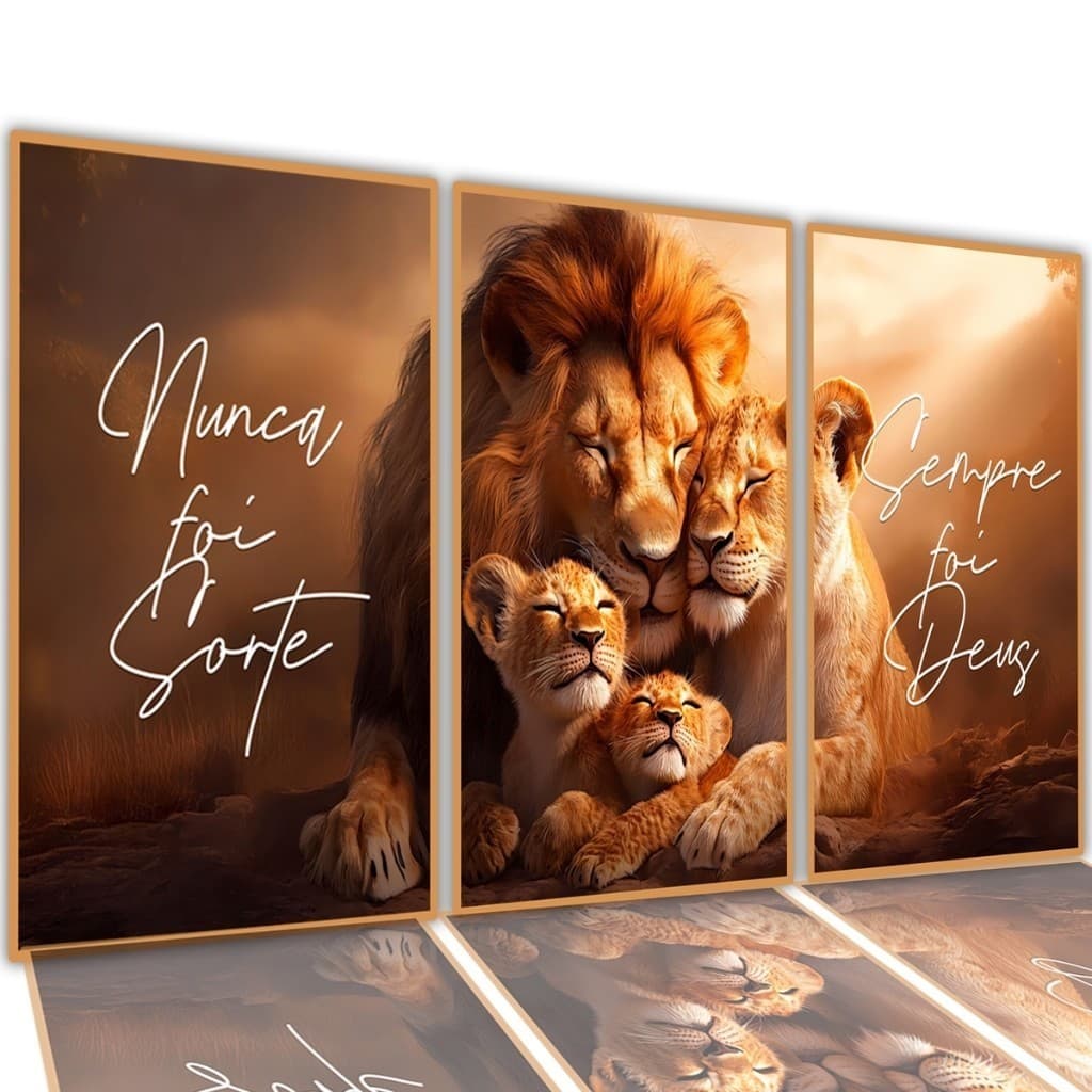 Kit 3 Quadro decorativo Leão Inspiração Família Fé Sala De Estar Quarto 122x60 Decoração De Parede