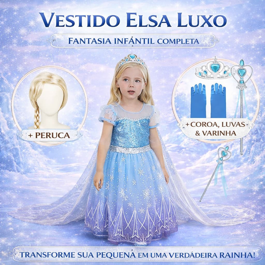 Fantasia Infantil Vestido Frozen Princesa Elsa Luxo Com Capa Kit Acessórios Tranças Varinha Coroa