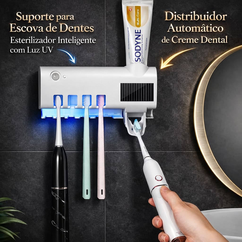 Suporte Escovas Dentes Esterilizador Luz UV + Distribuidor Automático Creme Dental Solar Inteligente Recarregável USB