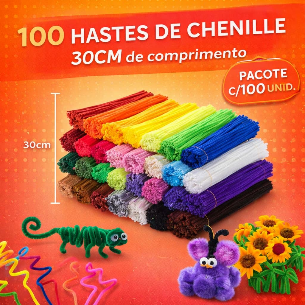100 Hastes Chenille 30cm Coloridas | Limpador de Cachimbo para Artesanato Escolar DIY