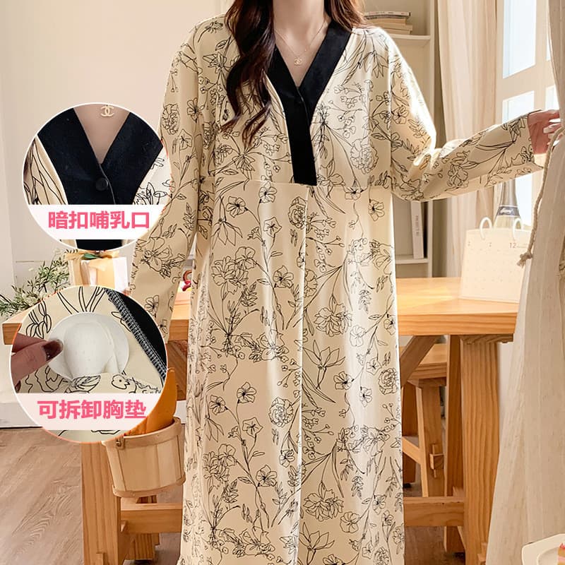 Com almofada no peito camisola de enfermagem pijamas de maternidade roupas de confinamento primavera outono imitação de 