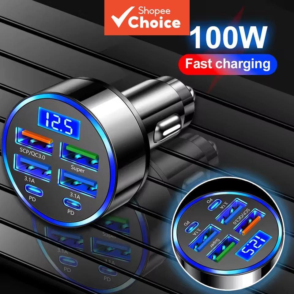  Carregador de Carro USB-C 6 Portas com Carregamento Super Rápido, Duplo USB Tipo-C e Display Digital de Detecção de