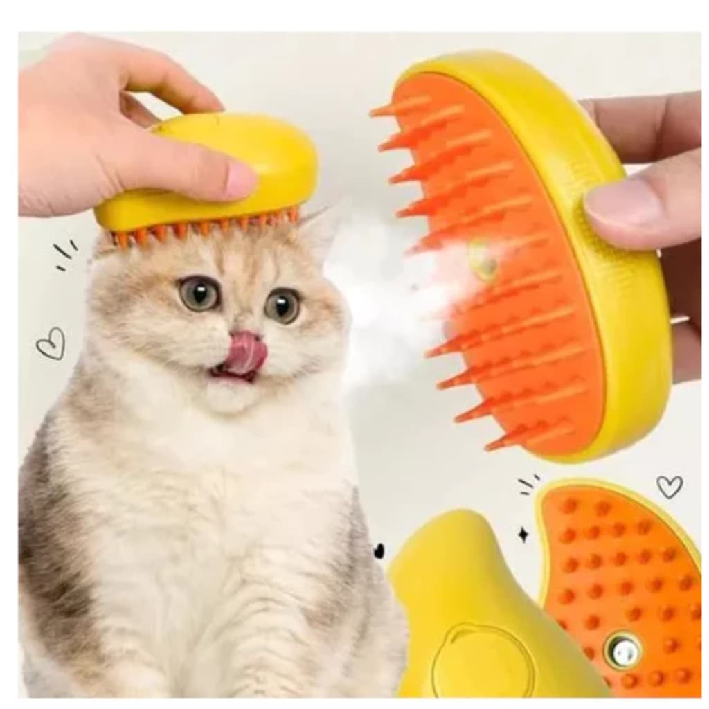 Escova Vapor 3 em 1 Elétrica p/ Cães e Gatos - Remove Pelo, Massagem, Pente p/ Pelos