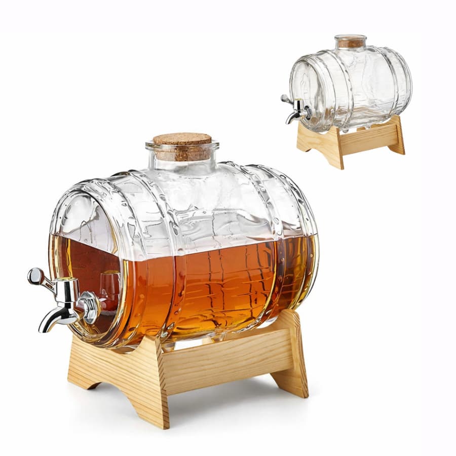 Barril Para Cachaça Vinho Licor em Vidro Suporte Madeira- 1L
