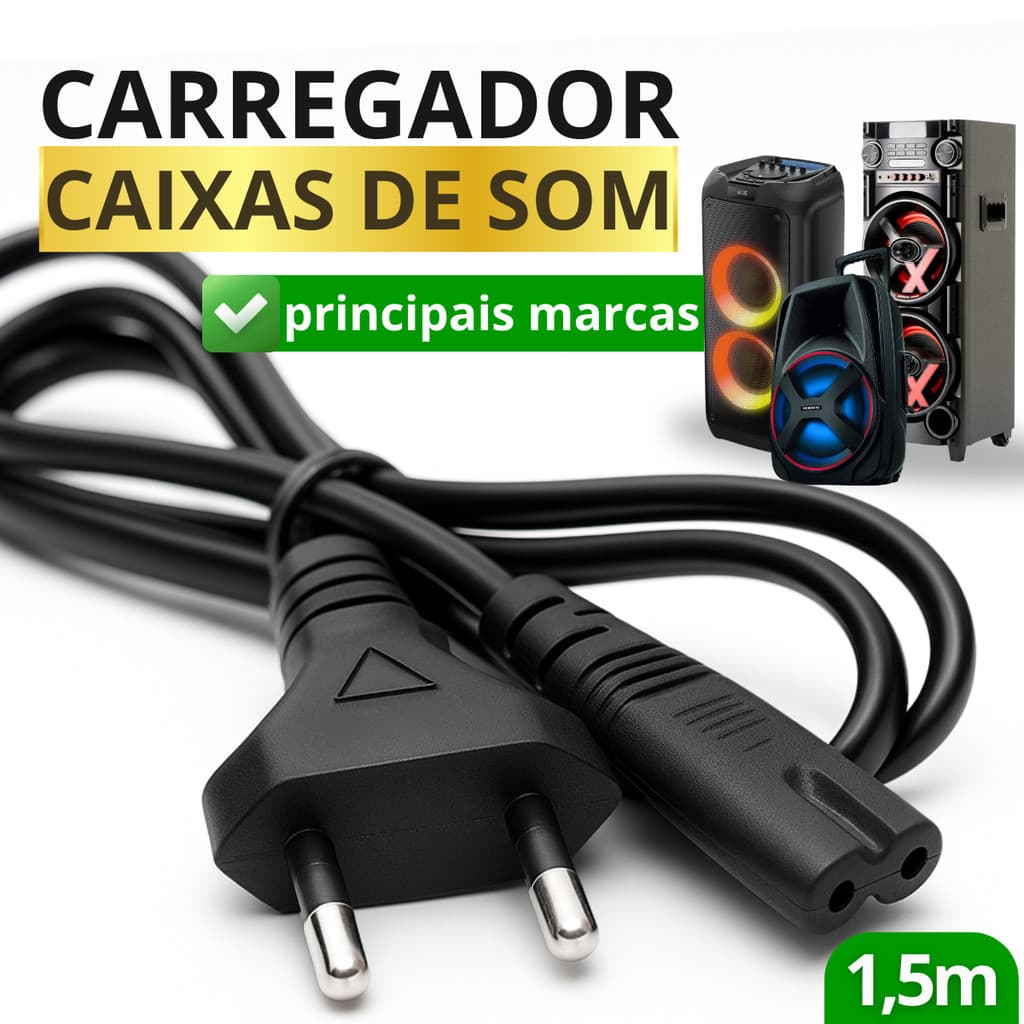 Carregador Cabo Bipolar para Caixa de Som Bluetooth, Bivolt 1,5m - Energia Segura, Alta Durabilidade