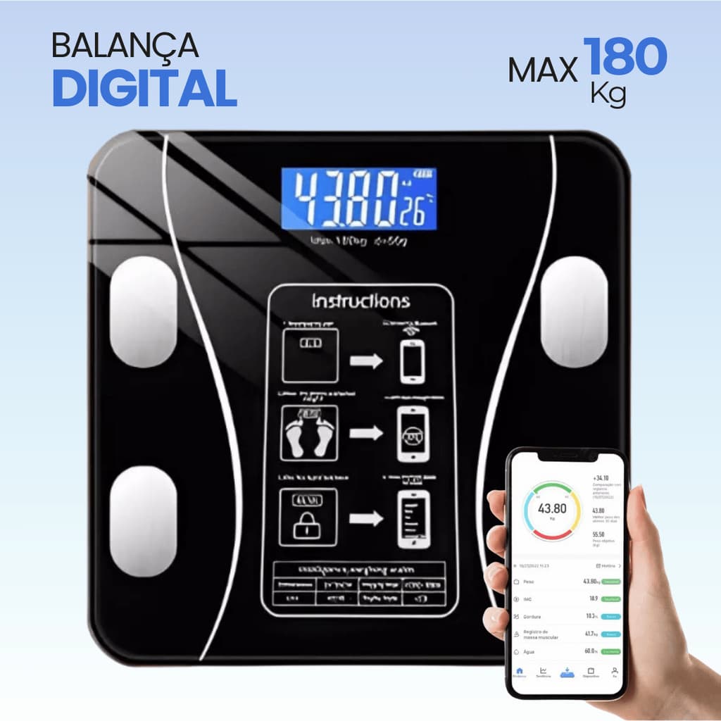 Balança Digital Inteligente com Bioimpedância Bluetooth App Peso Gordura IMC Até 180kg