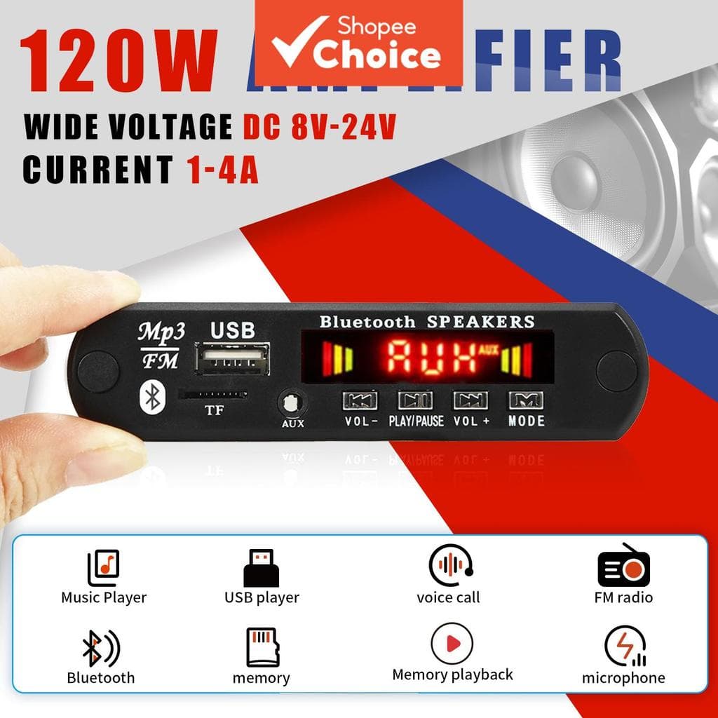  Placa Amplificadora 120W Bluetooth 5.0 MP3 DC 8V-24V Módulo Rádio FM e Controle Remoto