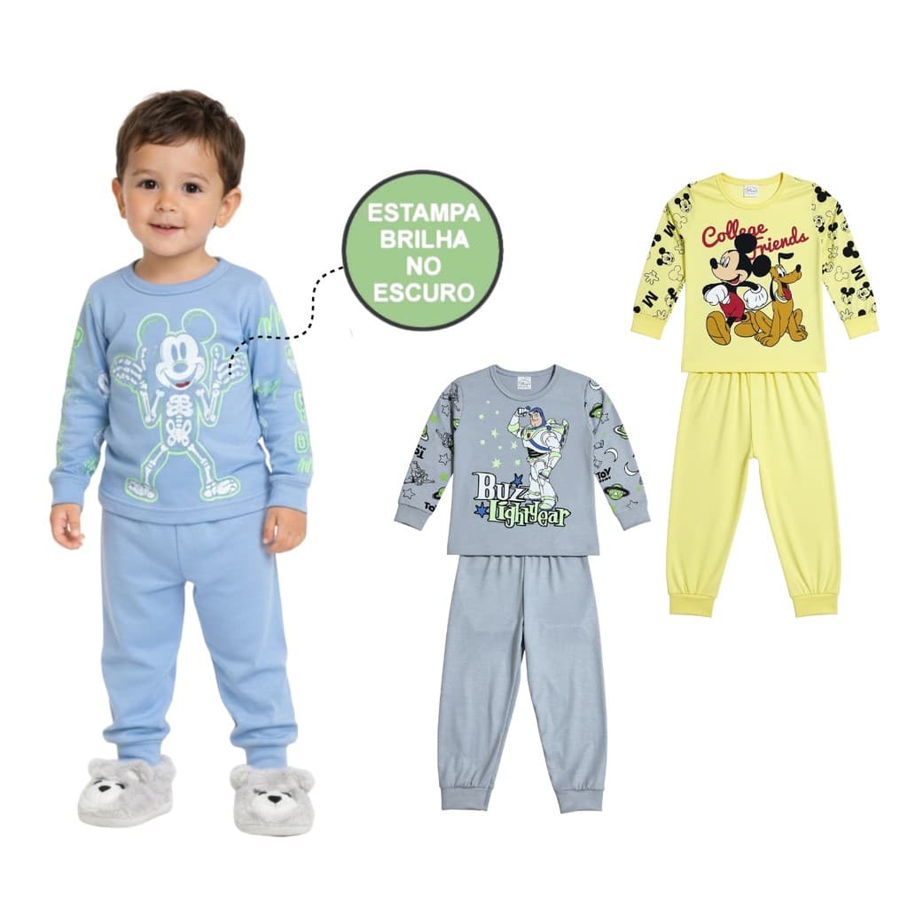Conjunto Pijama Brilha no Escuro Personagens Manga Longa Menino Infantil Mickey Stitch Inverno