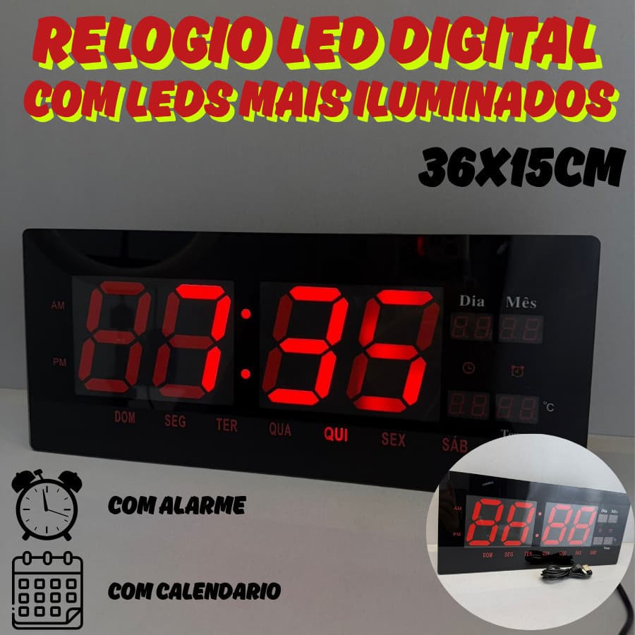 Relógio Digital De Led De Mesa E Parede 36x15CM Tela Grande Com Calendário Mês Dia Ano E Temperatura