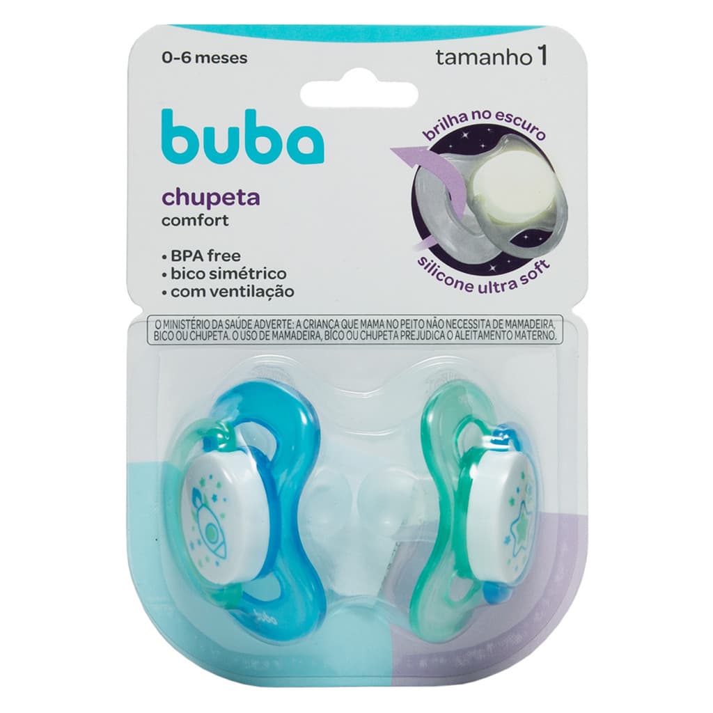 Kit 2 Chupeta Comfort Buba Tamanho 1 Noturna Foguete