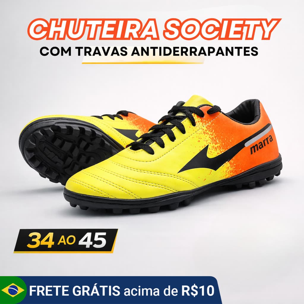 Chuteira Masculina Society Amarela Adulto Costurada – Leve e Resistente 34 ao 45 PROMOÇÃO