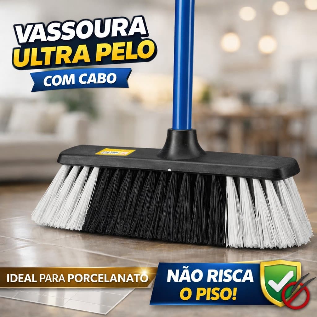 Vassoura Ultra Pelo Atual Guirado Não Risca Porcelanato Com Cabo