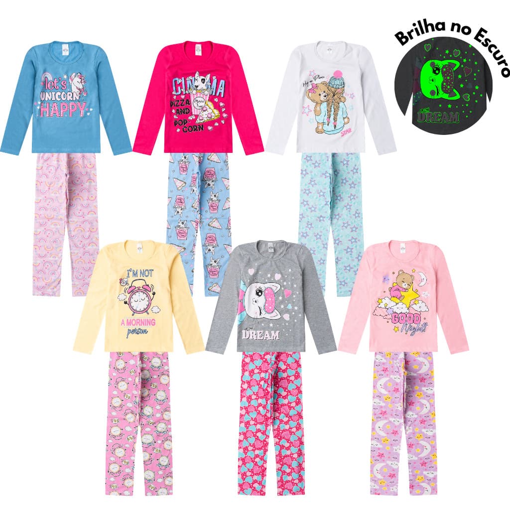 Conjunto Longo Pijama Algodão Juvenil MENINA 10 ao 14 Brilha no Escuro