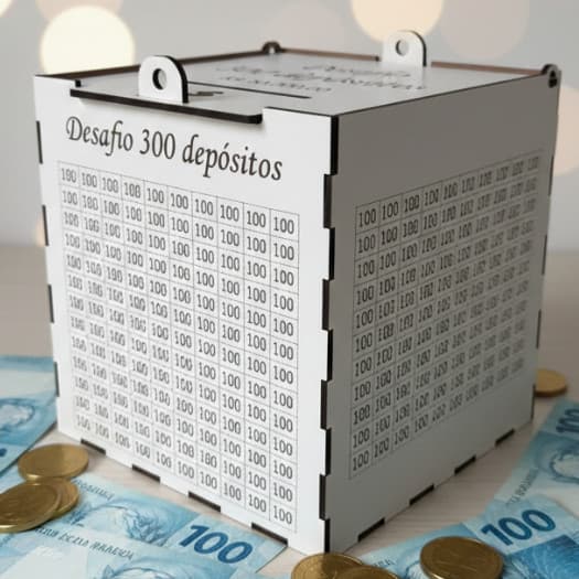 Cofre Desafio 300 Depósitos MDF Branco Meta R$30.000 Economizar Organizar Finanças Decoração Enfeite