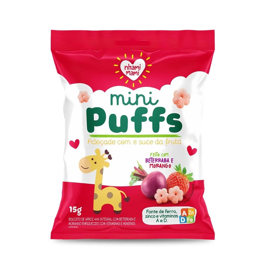 Biscoito Infantil Integral Beterraba e Morango Mini Puffs - Nhami Mami 15g