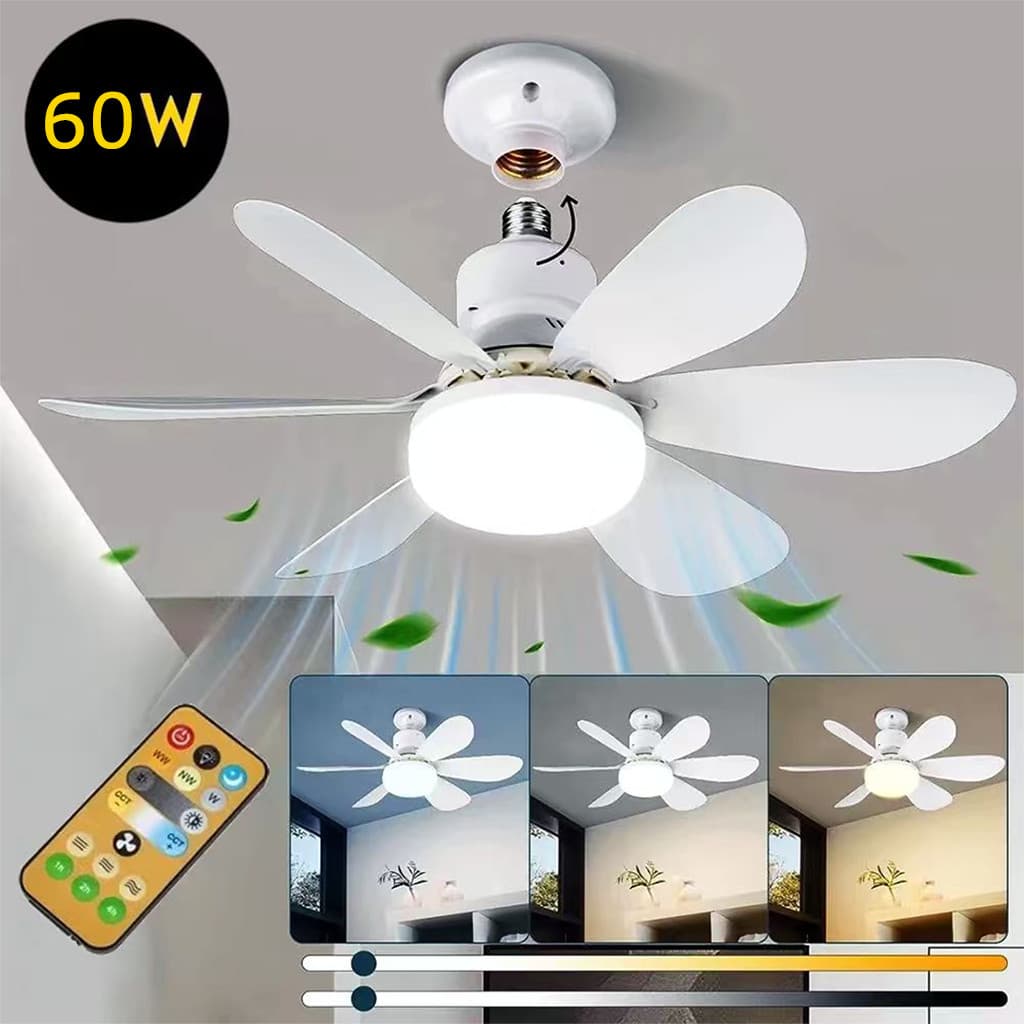 Ventilador de Teto 60W Lâmpada 3 Cores E27 Silencioso Bivolt 2 em 1 Controle Remoto PREMIUM Branco