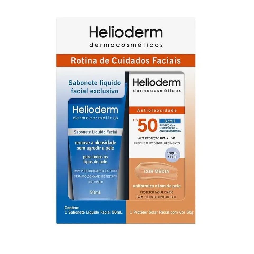 Kit Facial Helioderm – Sabonete Líquido Facial 50ml + Protetor Solar FPS 50 Cor Média 50g