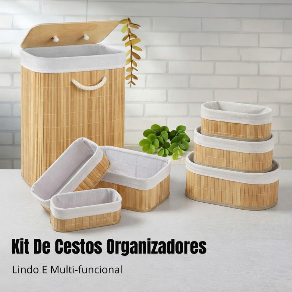 Cesto Organizador em Bambu com Forro de Linho Multiuso para Banheiro, Quarto ou Cozinha
