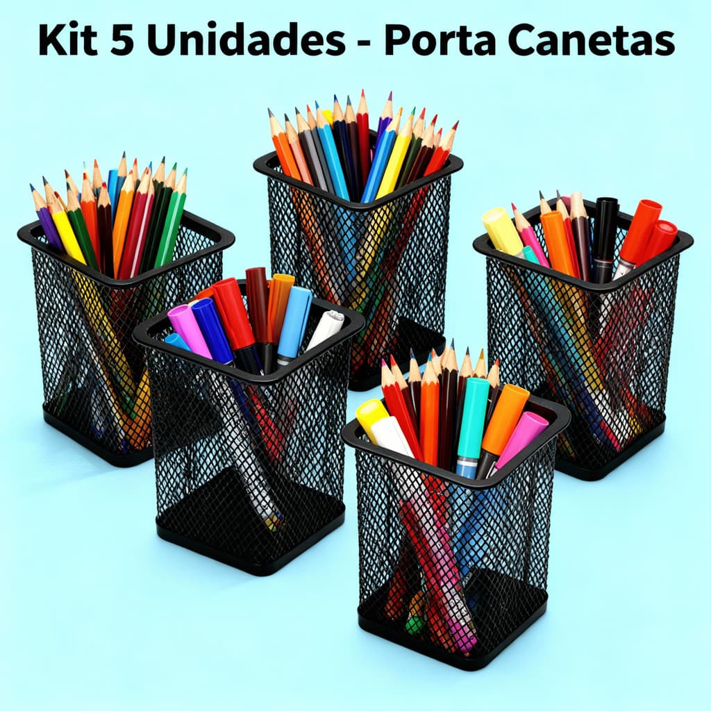 Kit 5 Porta Caneta e Clipes Quadrado Organizador De Metal Para Mesa Escritório Aramado Metal Lápis Treco Borracha Clips