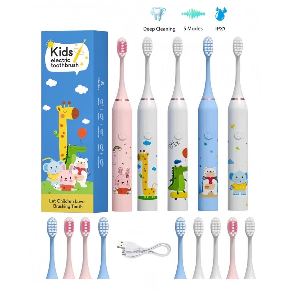 Escova de Dentes Elétrica Infantil Recarregável Bivolt USB + 4 Refis 500mAh 22cm Ultra Macia DKL