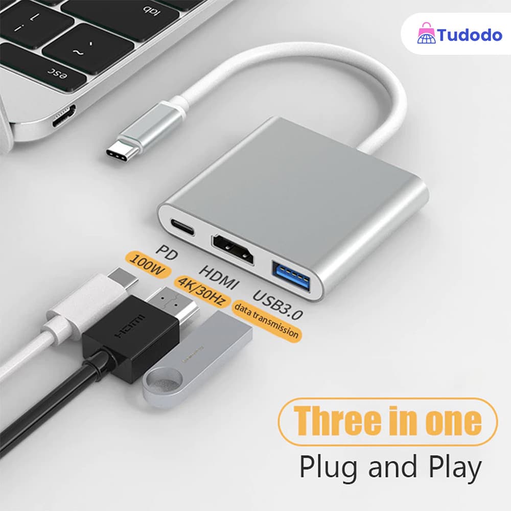 Adaptador 3 Em 1 Tipo C Hub HDMI 4K USB 3.0 Com Cabo De Dados Carregador De Alumínio De 12 W Para Telefone E Laptop