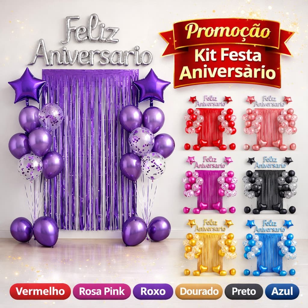 Kit Festa Balão Metalizado Cortina Bexiga Feliz Aniversário Decoração de Festa Completa