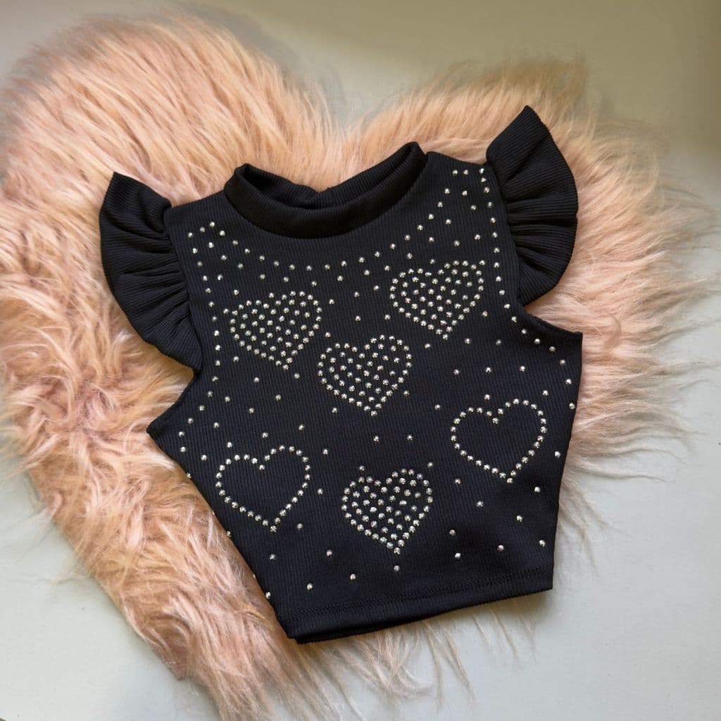 Blusa Infantil Cropped Pedraria Desenhos Babado na Manga Fashion Moda Bloguerinha Casual Dia a Dia