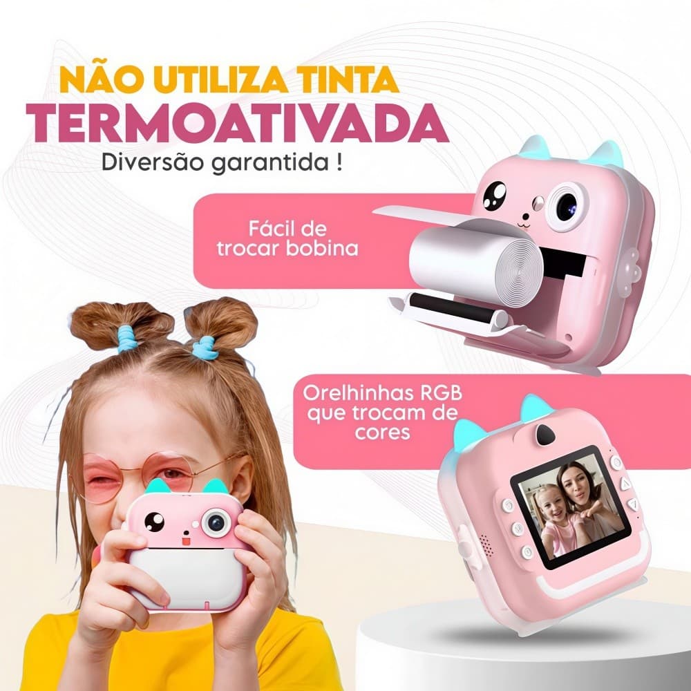 Câmera Instantânea Infantil com Impressão de Fotos,Brinquedo Digital Divertido para Meninos e Meninas de Todas as Idades