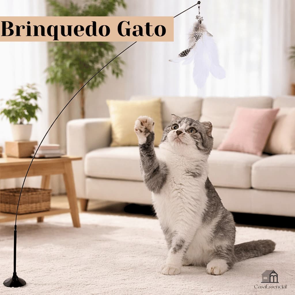 Brinquedo Interativo Varinha Pena Com Ventosa Com Sino Fixa No Chão Parede Para Gatos Adultos e Filhotes