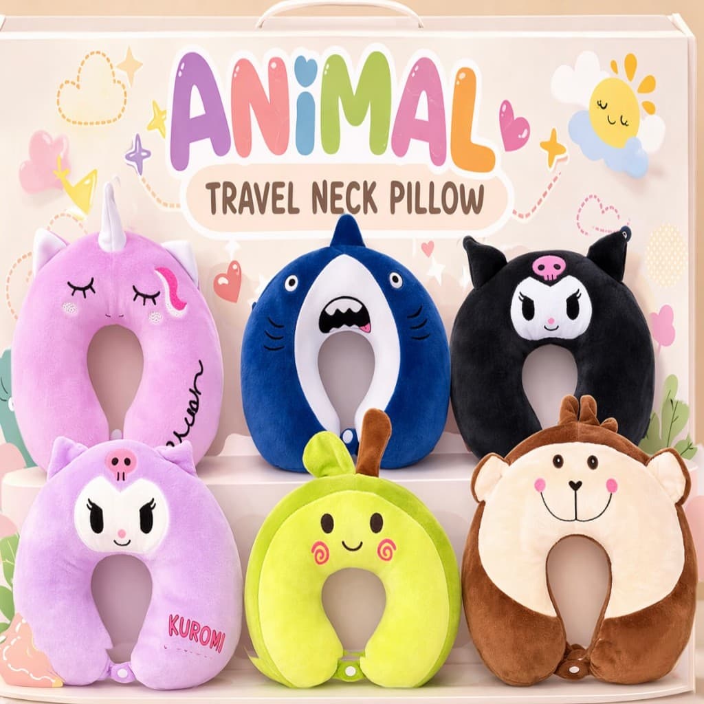 Almofada de Pescoço Animal 30×30cm – Travesseiro de Viagem Macio para Carro, Avião e Escritório