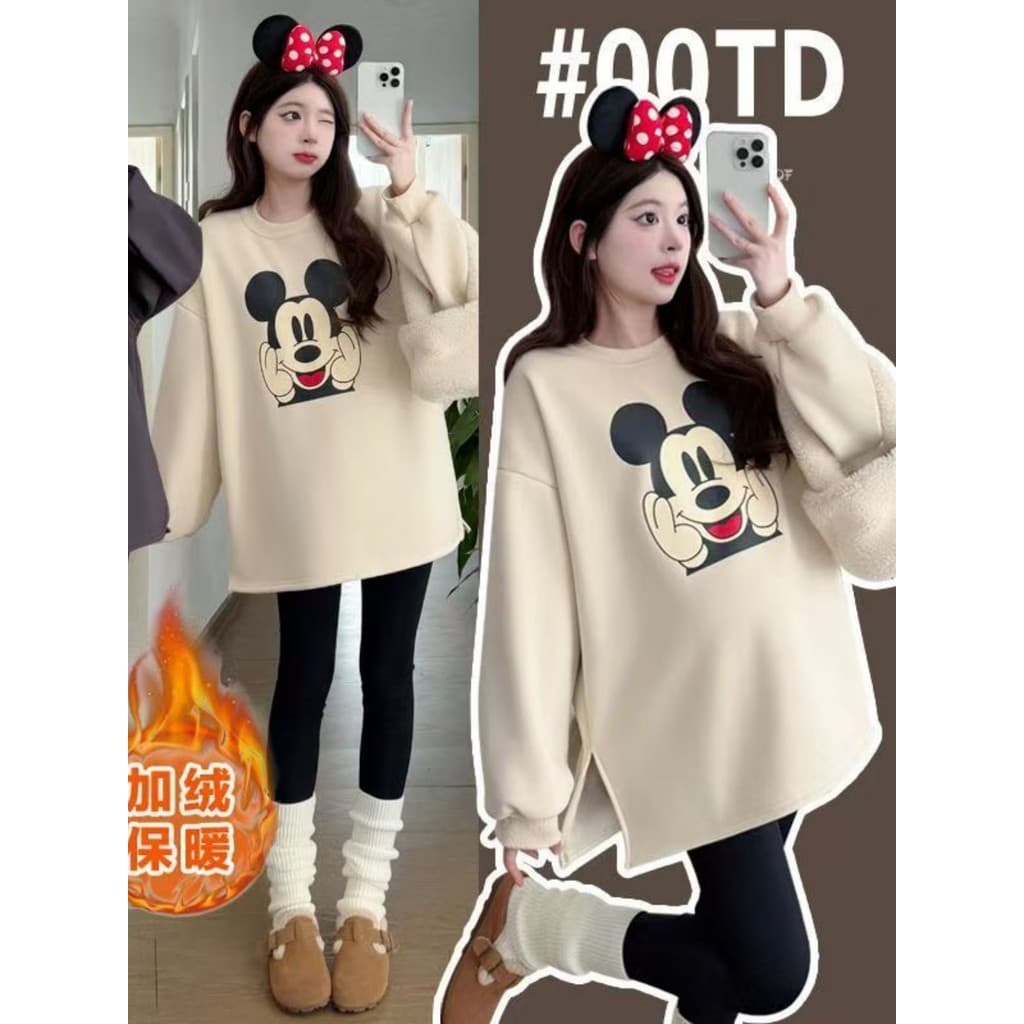 Roupa de maternidade outono inverno terno moda Mickey novo estilo outono inverno forro de lã engrossado em torno do pesc