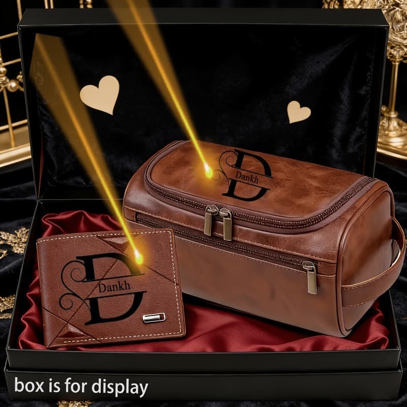 Personalização De Nome Personalizado Carteira Retrô Masculina De 2 Peças E Bolsa Higiênica De Armazenamento Clipe Para D