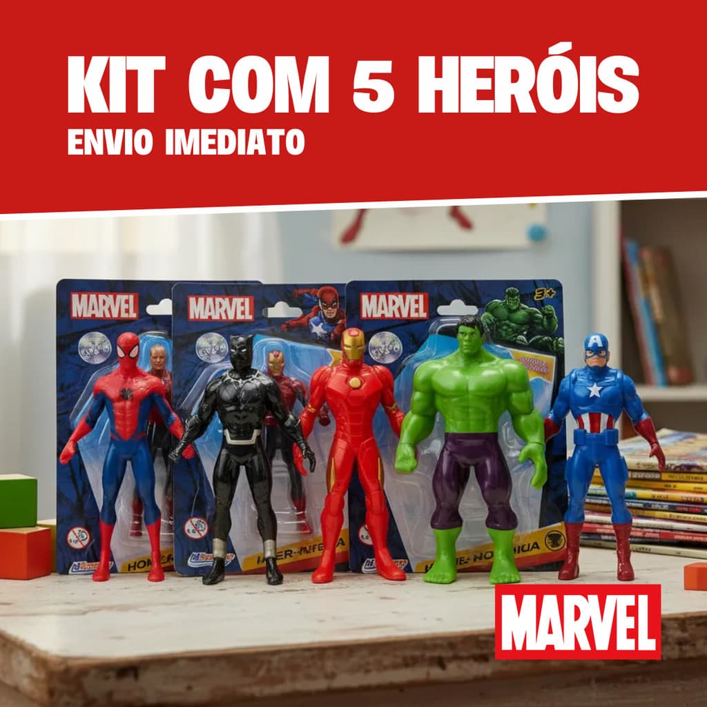 Kit 5 Unidades Brinquedos Colecionáveis Marvel Avengers Homem De Ferro Capitão América Homem Aranha Hulk e Pantera Negra