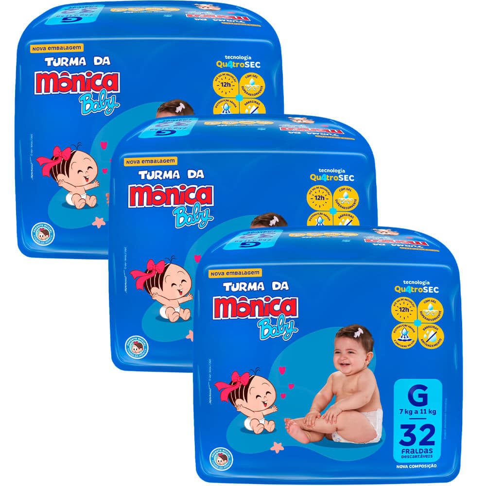 Kit 3 Fraldas Turma Da Mônica Mega G - 96 Tiras