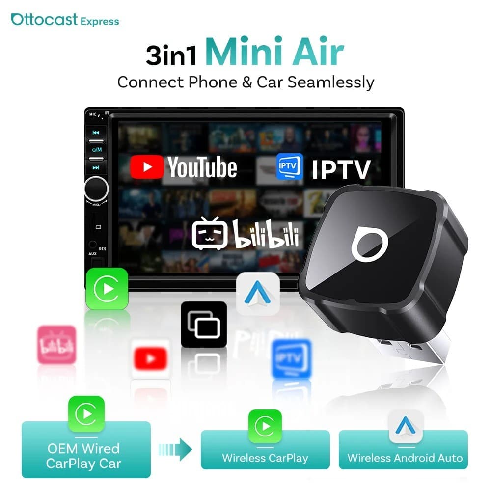 Ottocast Mini Air 3 Em 1 Adaptador Automático CarPlay Android Sem Fio E Espelhamento De Tela Airplay USB Plug & Play Don